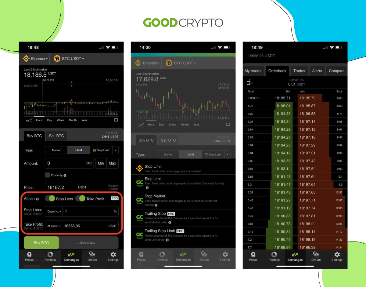 Order types; order connection; and orderbook tracking in Good Crypto.