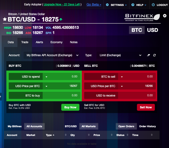 Trading terminal on the web version of Coinigy